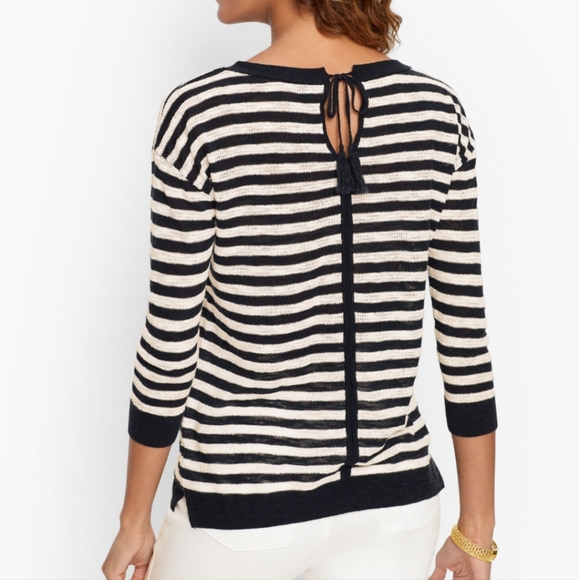TALBOTS Petites Black & White Casual Striped Tie Boatneck Sweater- Size SmP - Picture 2 of 6